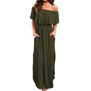 🆕 Verabendi Off-Shoulder Summer Casual Beach Maxi Dress, Army Green, Size L